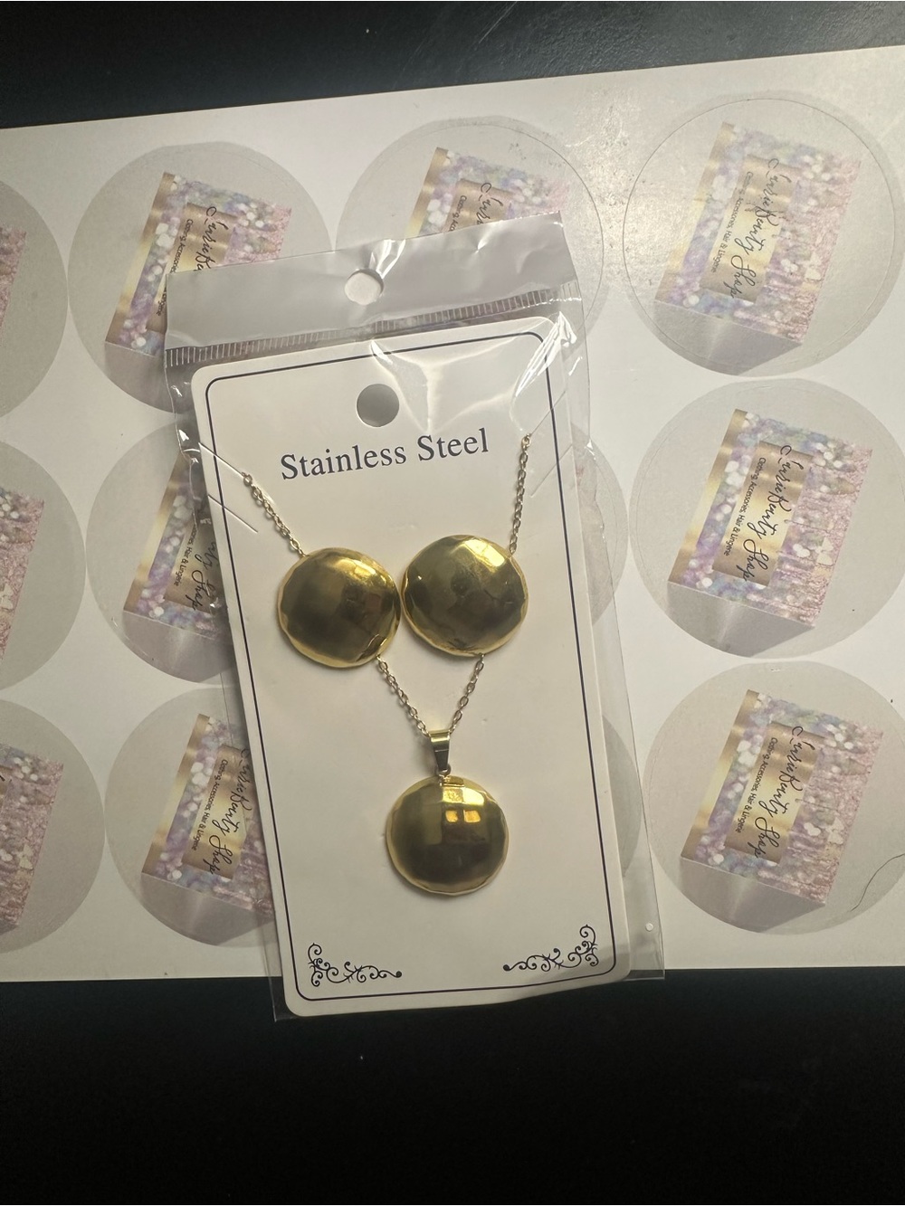 Stainless Steel Gold-Tone Round Necklace & Earrings Set